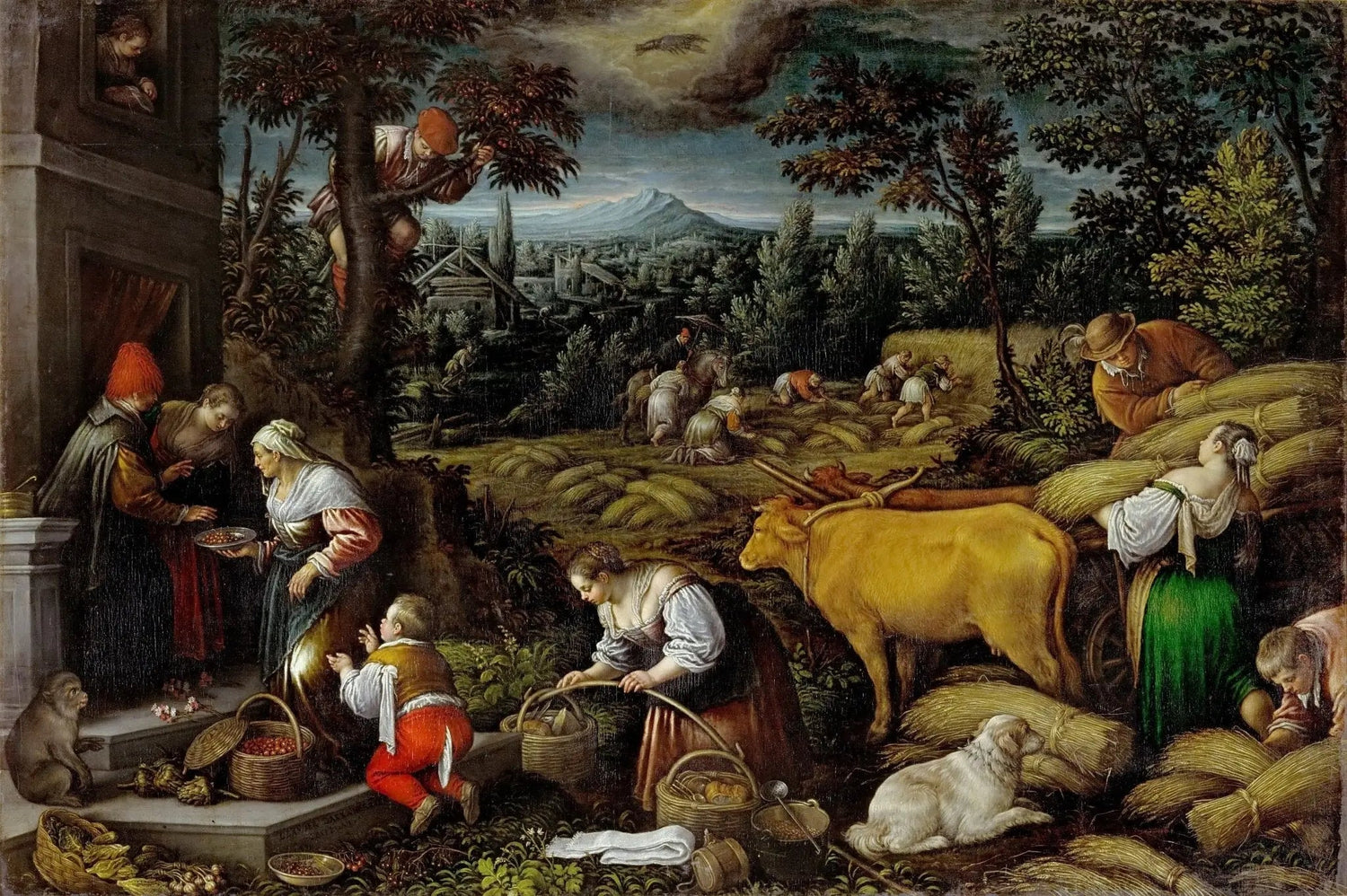 People Oil Painting - Harvest Scene with Figures and Cow - Oil Painting Haven