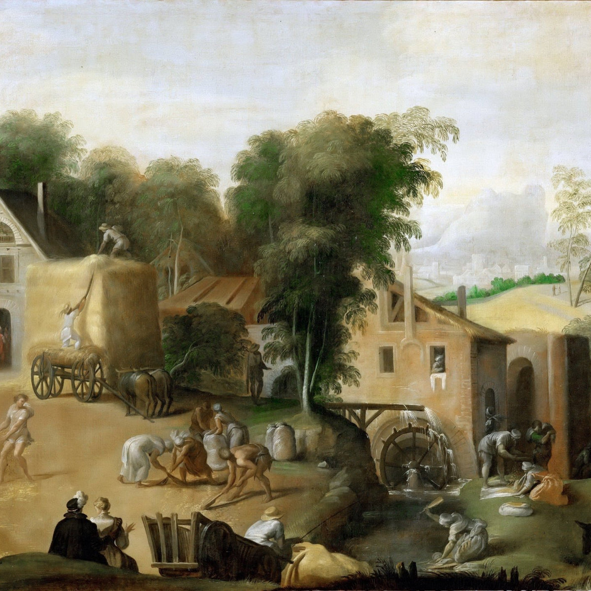 People Oil Painting - Harvest Workers at Rustic Watermill Village - Oil Painting Haven
