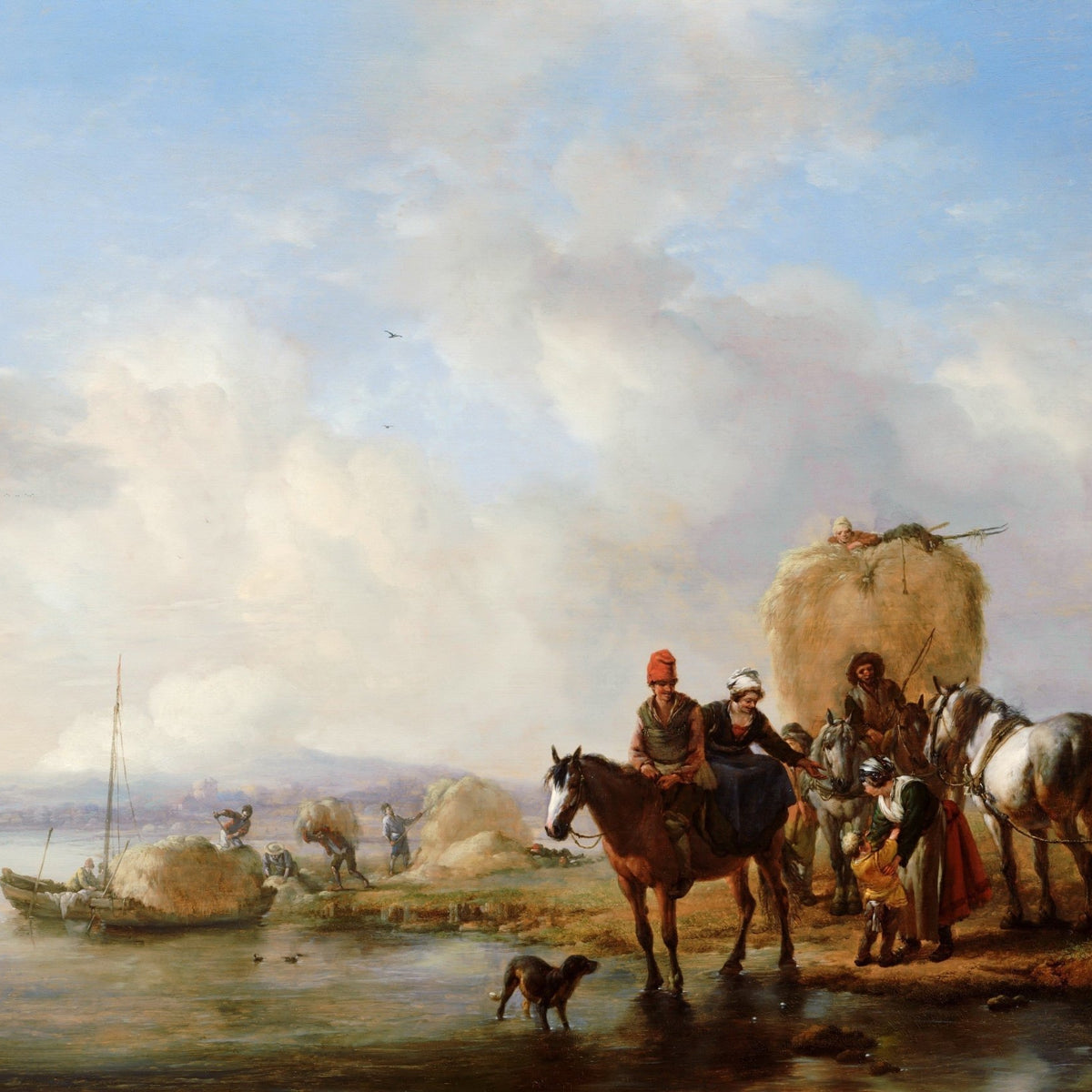 People Oil Painting - Hay Wagon Scene with Horses by River - Oil Painting Haven