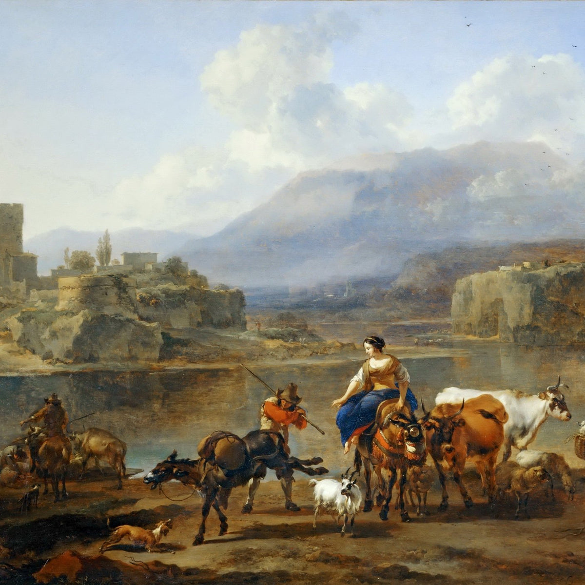 People Oil Painting - Herd Crossing River in Italian Landscape - Oil Painting Haven
