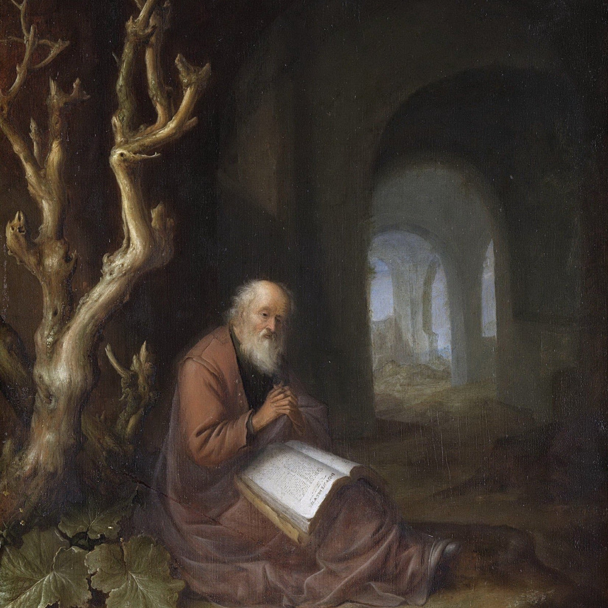 People Oil Painting - Hermit in Ruins Reading Scene - Oil Painting Haven