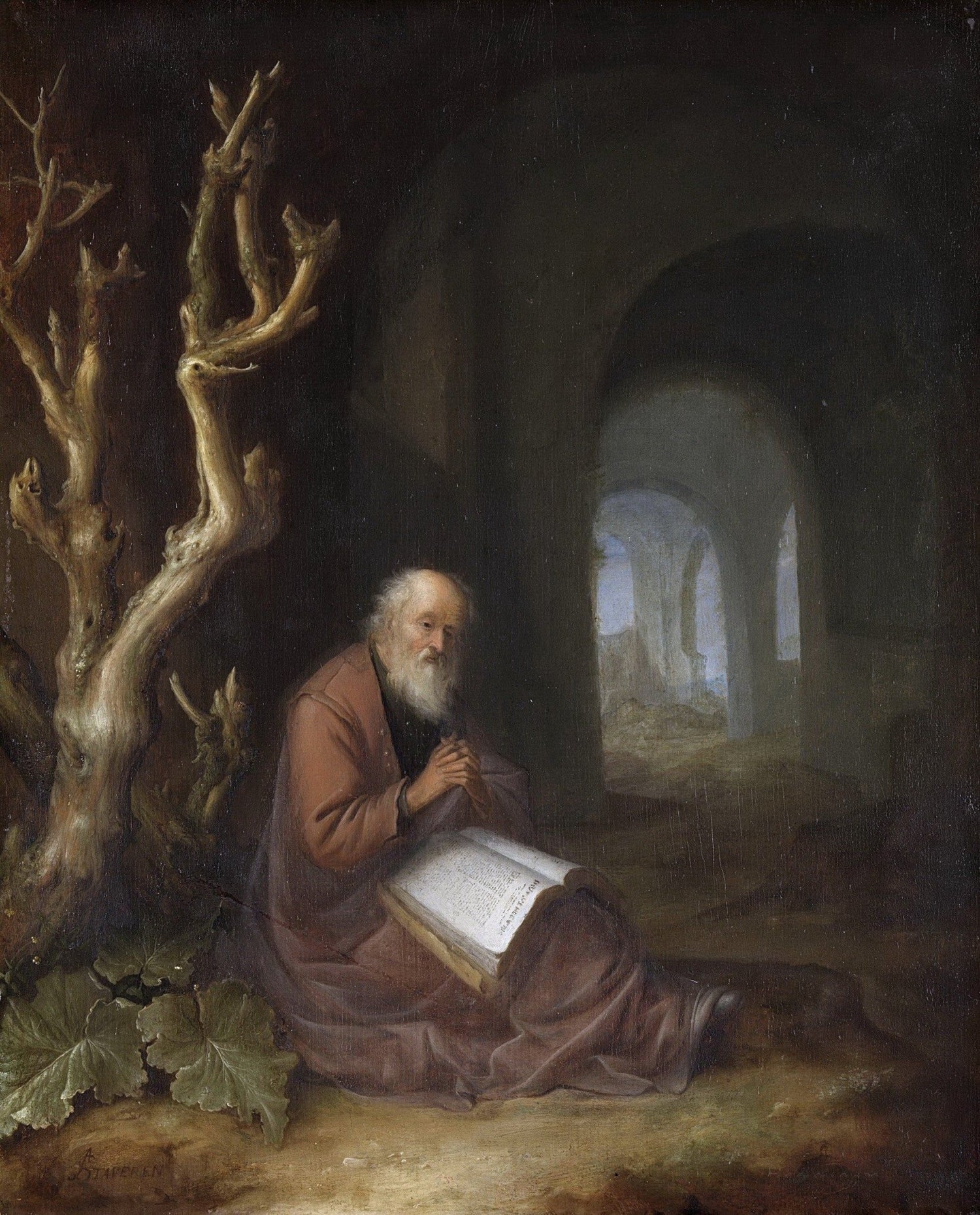 People Oil Painting - Hermit in Ruins Reading Scene - Oil Painting Haven