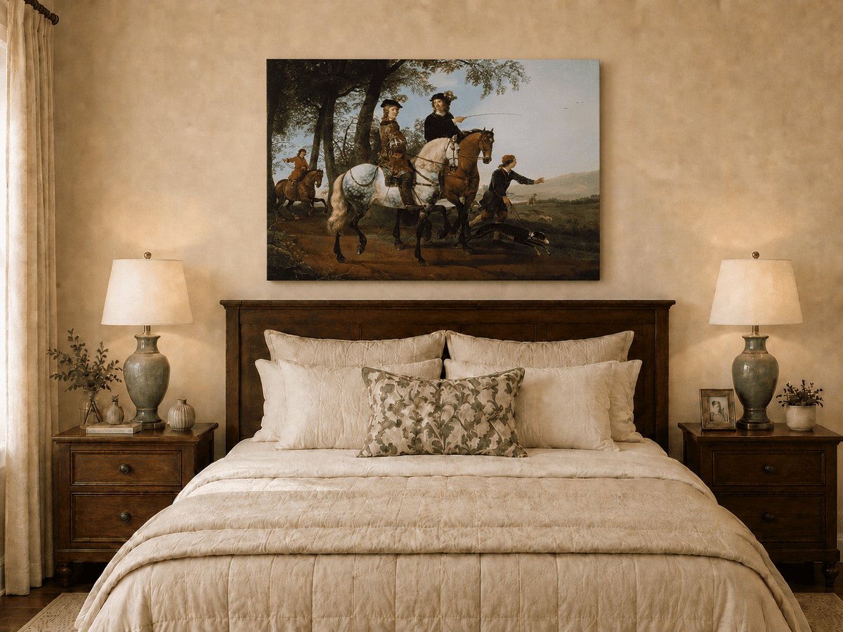 Peinture à l'huile représentant des personnages - Scène de chasse et de cavaliers