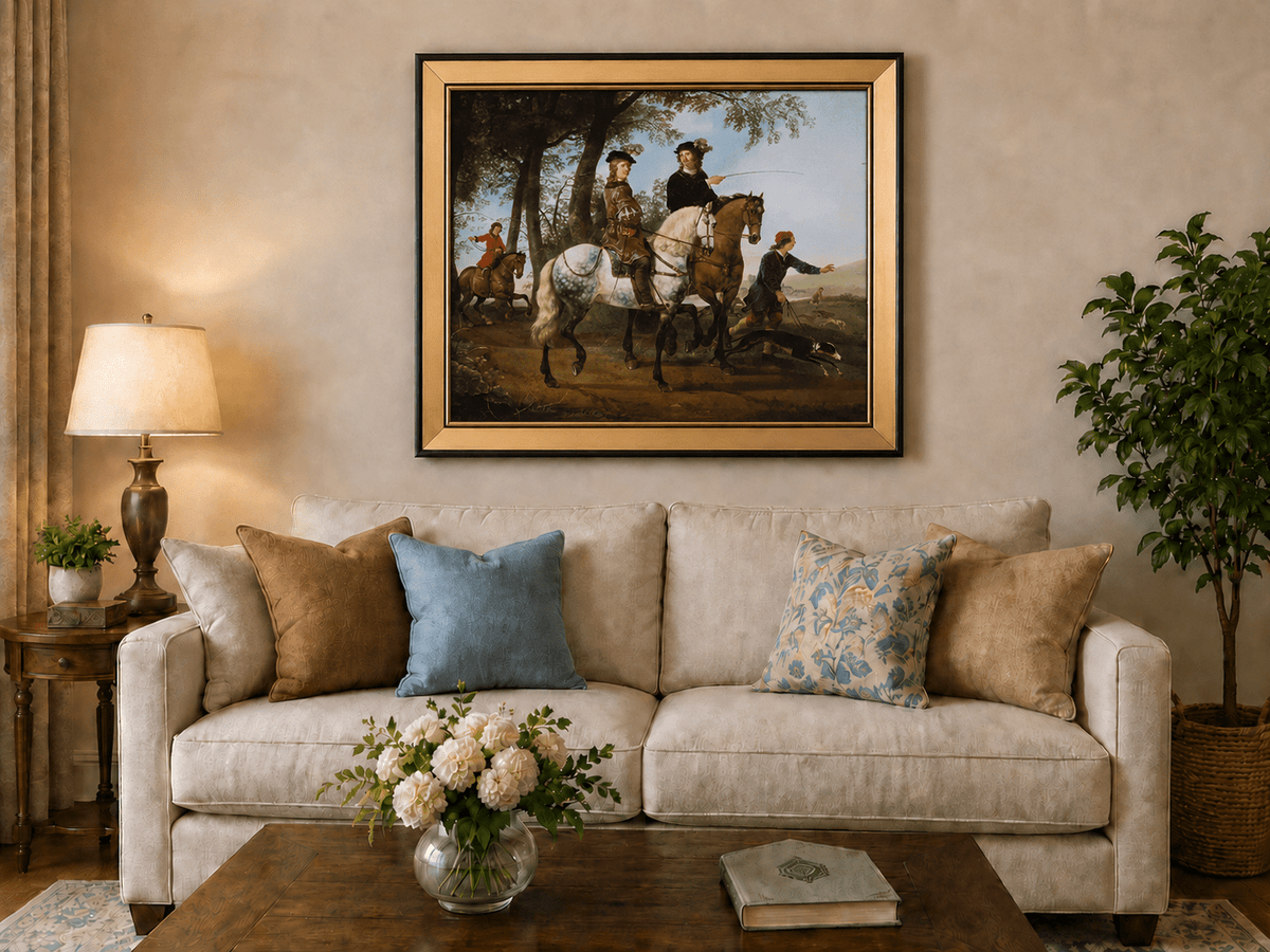 Peinture à l'huile représentant des personnages - Scène de chasse et de cavaliers