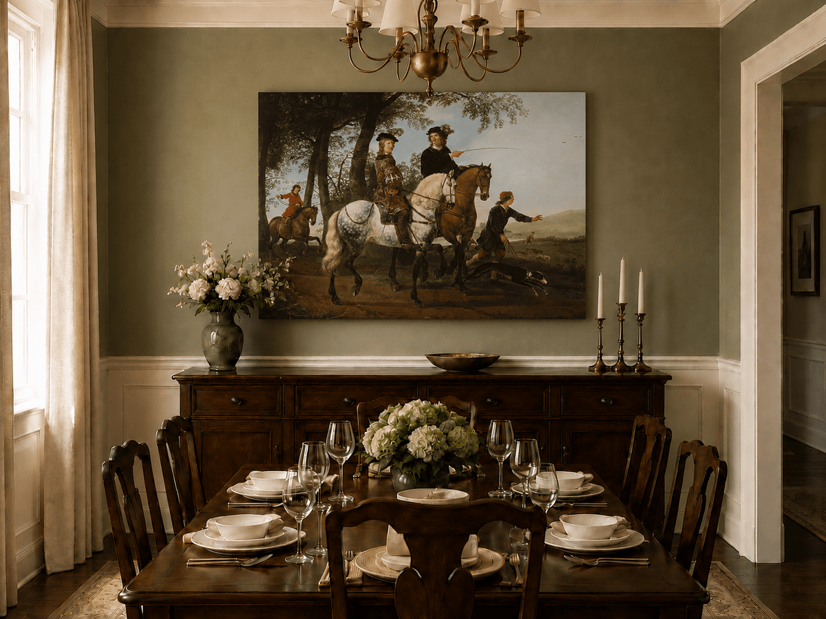 Peinture à l'huile représentant des personnages - Scène de chasse et de cavaliers