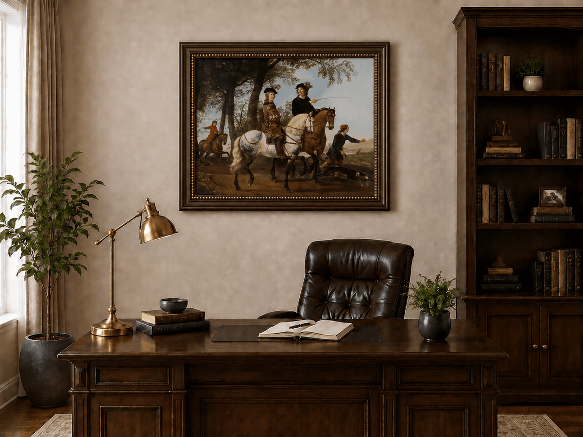 Peinture à l'huile représentant des personnages - Scène de chasse et de cavaliers