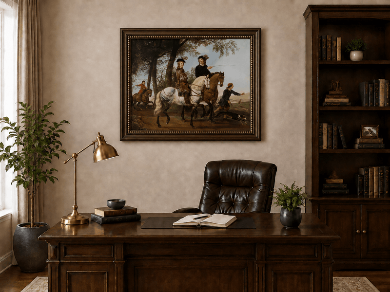 Peinture à l'huile représentant des personnages - Scène de chasse et de cavaliers