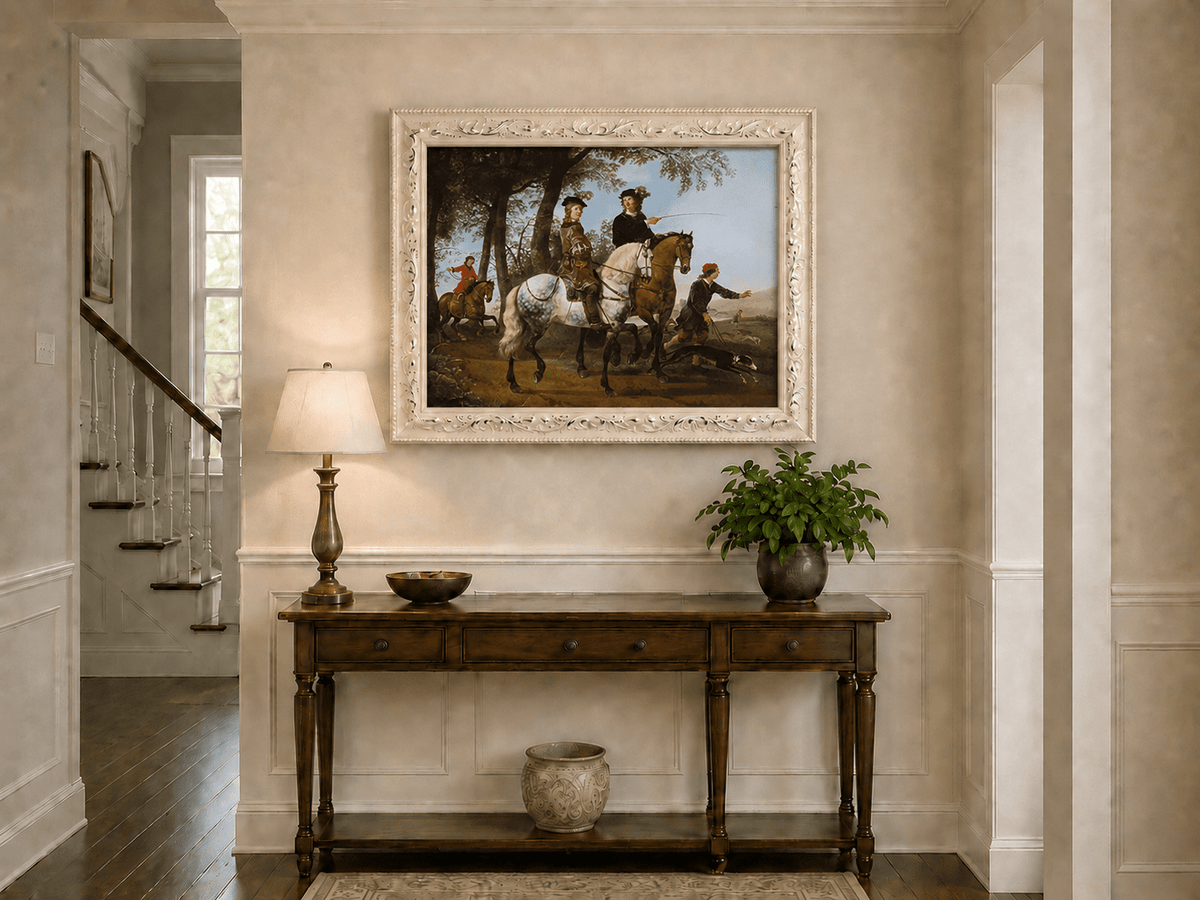 Peinture à l'huile représentant des personnages - Scène de chasse et de cavaliers
