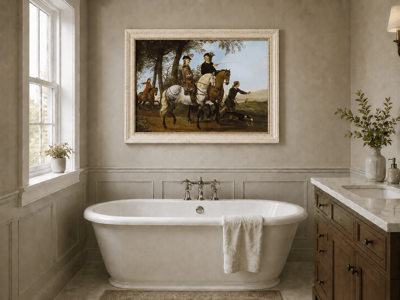 Peinture à l'huile représentant des personnages - Scène de chasse et de cavaliers