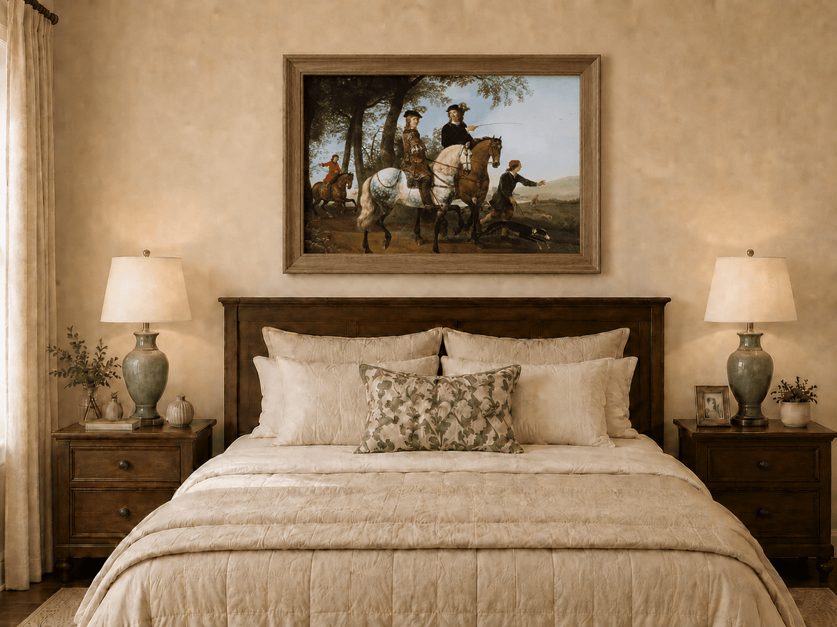 Peinture à l'huile représentant des personnages - Scène de chasse et de cavaliers