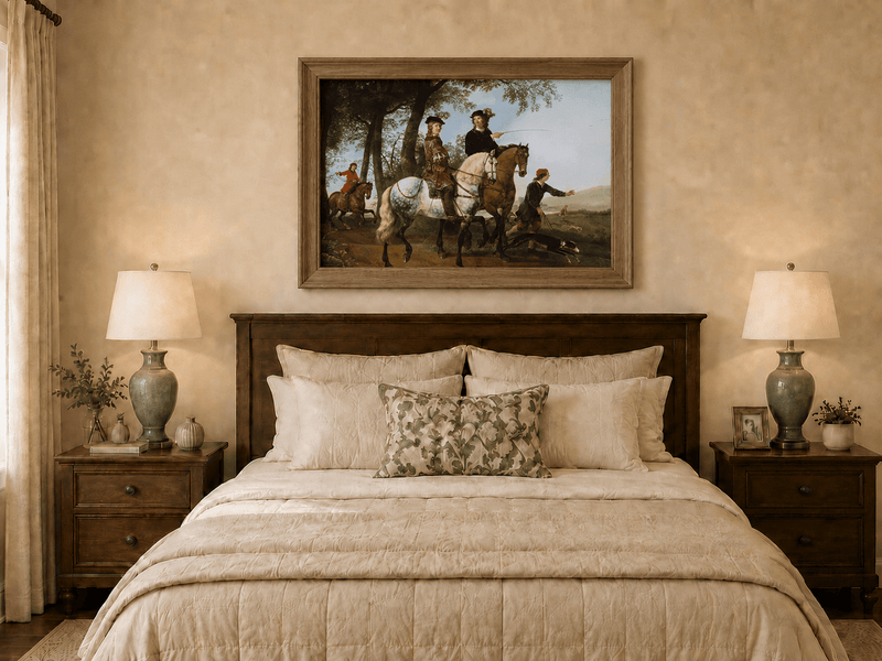 Peinture à l'huile représentant des personnages - Scène de chasse et de cavaliers