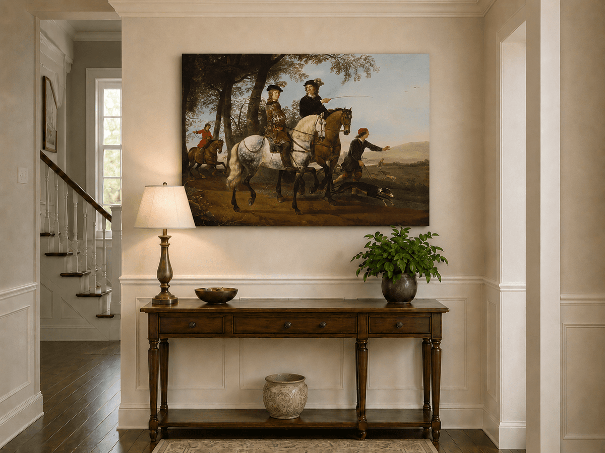 Peinture à l'huile représentant des personnages - Scène de chasse et de cavaliers