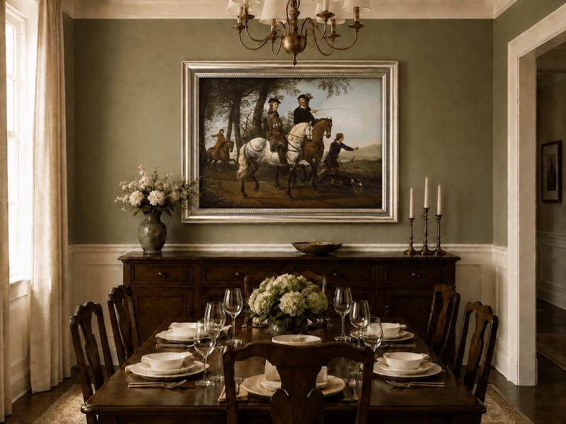 Peinture à l'huile représentant des personnages - Scène de chasse et de cavaliers