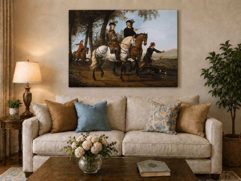 Peinture à l'huile représentant des personnages - Scène de chasse et de cavaliers