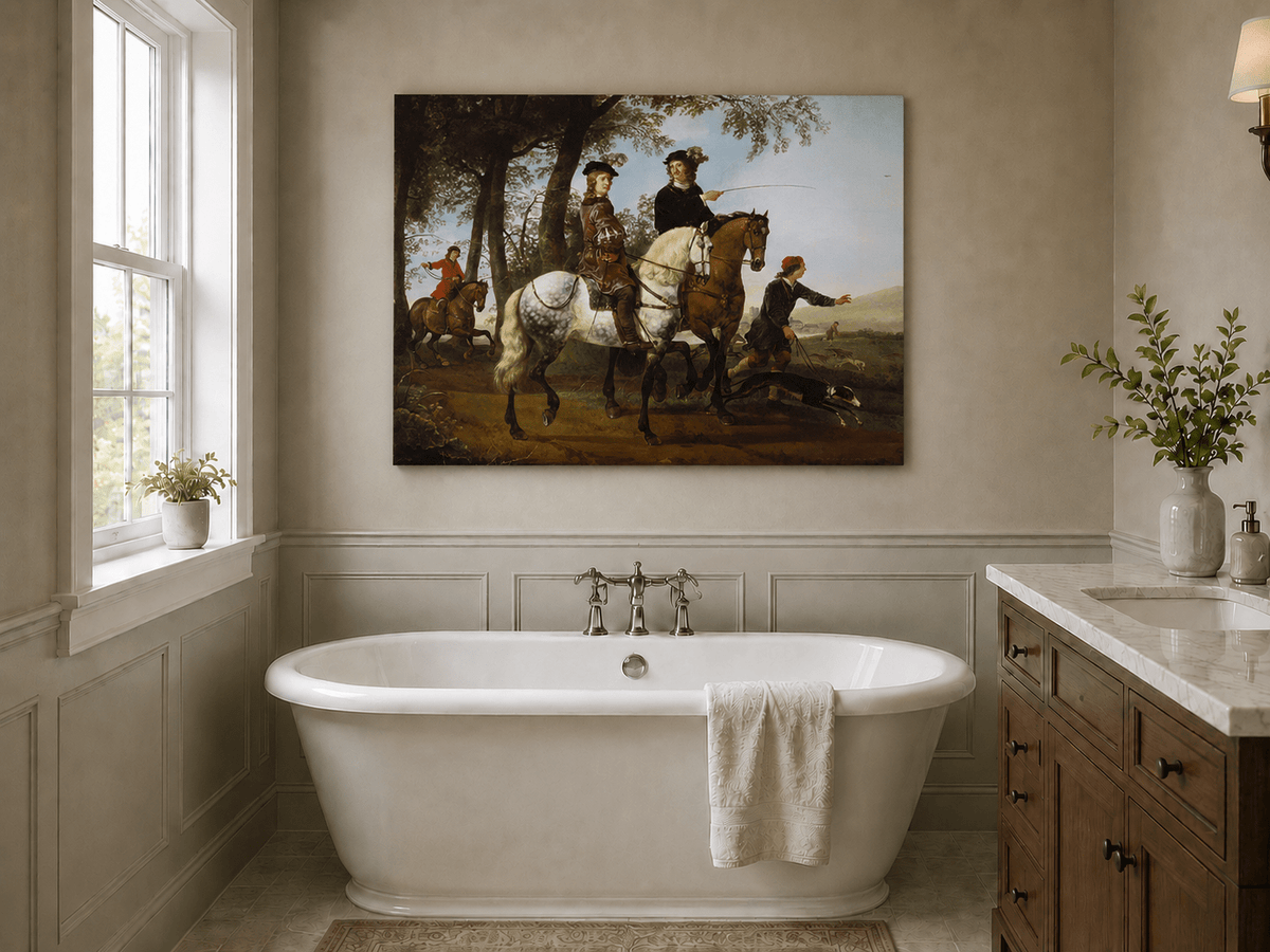 Peinture à l'huile représentant des personnages - Scène de chasse et de cavaliers