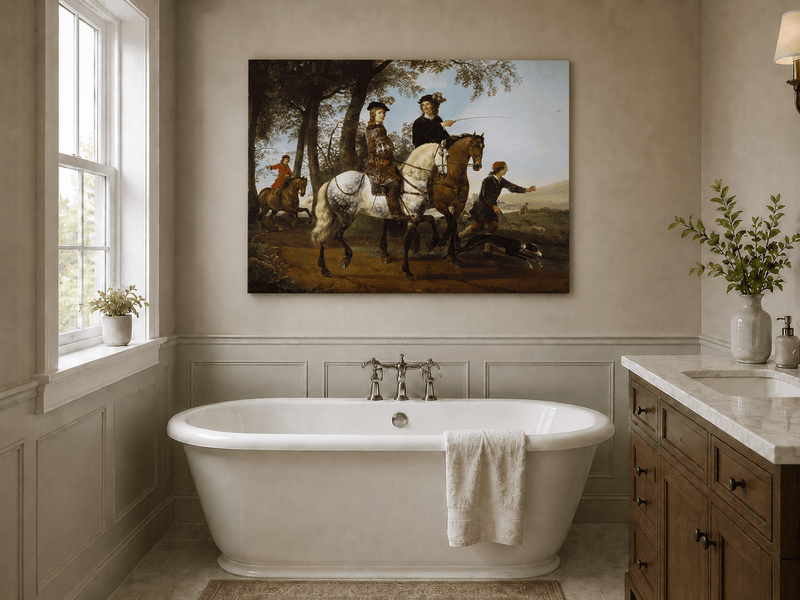 Peinture à l'huile représentant des personnages - Scène de chasse et de cavaliers