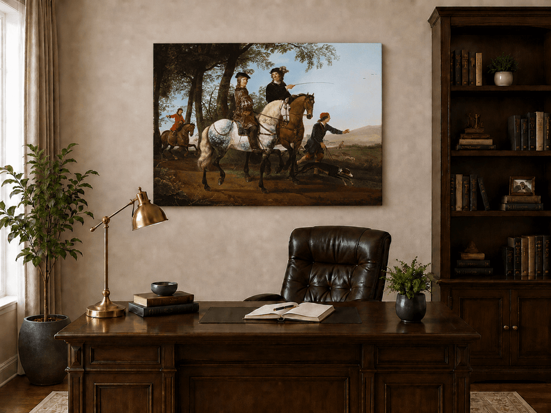 Peinture à l'huile représentant des personnages - Scène de chasse et de cavaliers