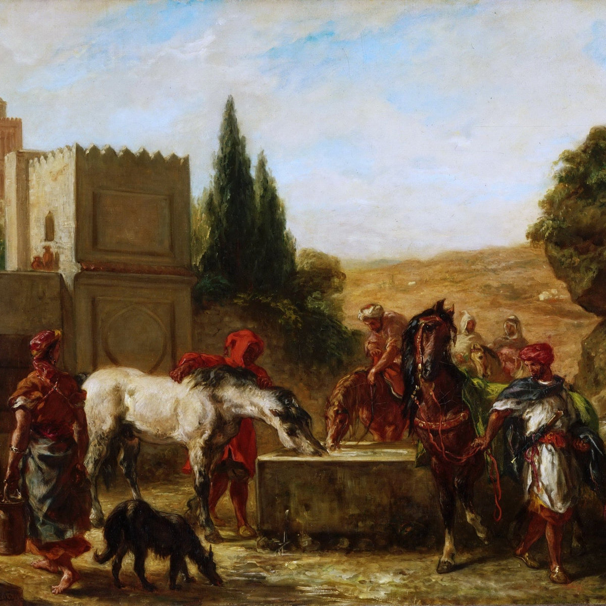 People Oil Painting - Horses at Fountain with Figures Scene - Oil Painting Haven
