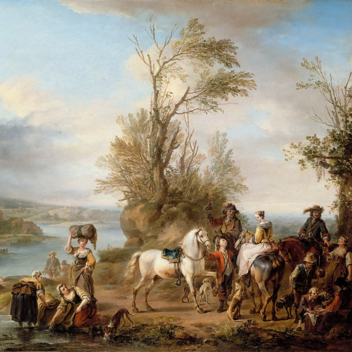 People Oil Painting - Hunters and Travelers by a Riverside Village - Oil Painting Haven