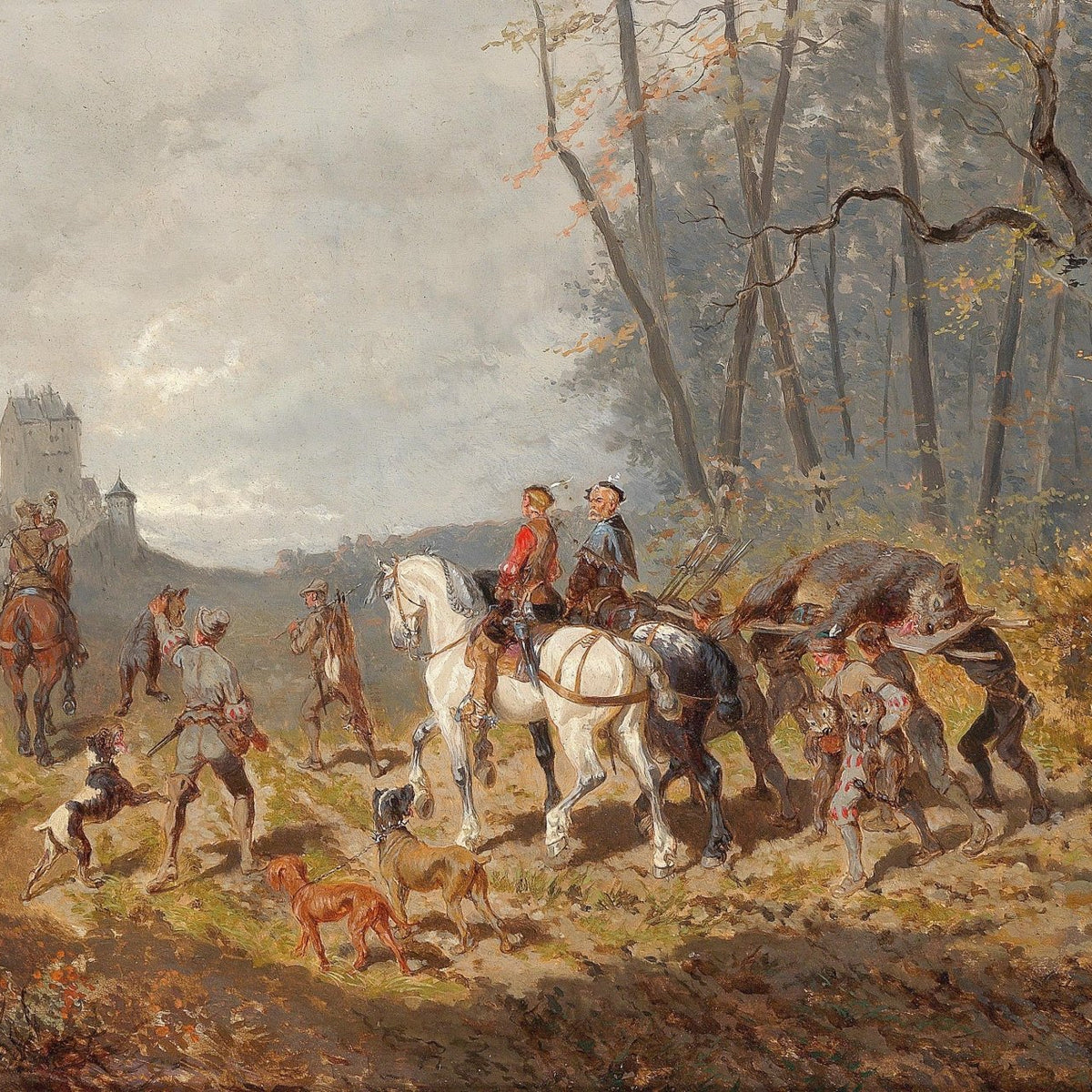 People Oil Painting - Hunters with Dogs in Autumn Forest - Oil Painting Haven