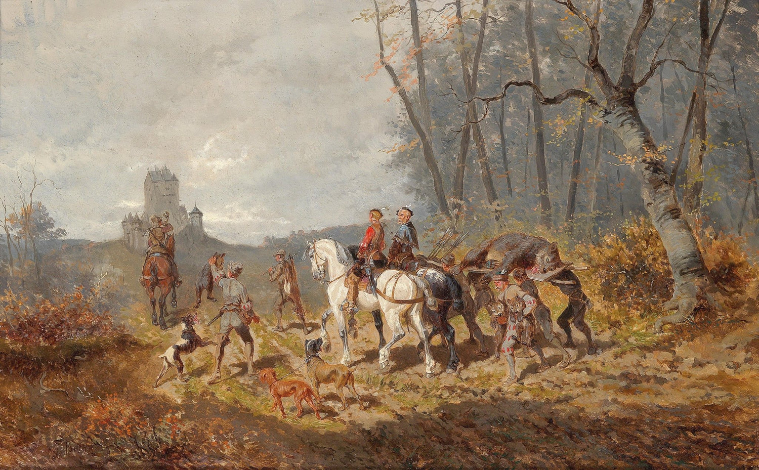 People Oil Painting - Hunters with Dogs in Autumn Forest - Oil Painting Haven