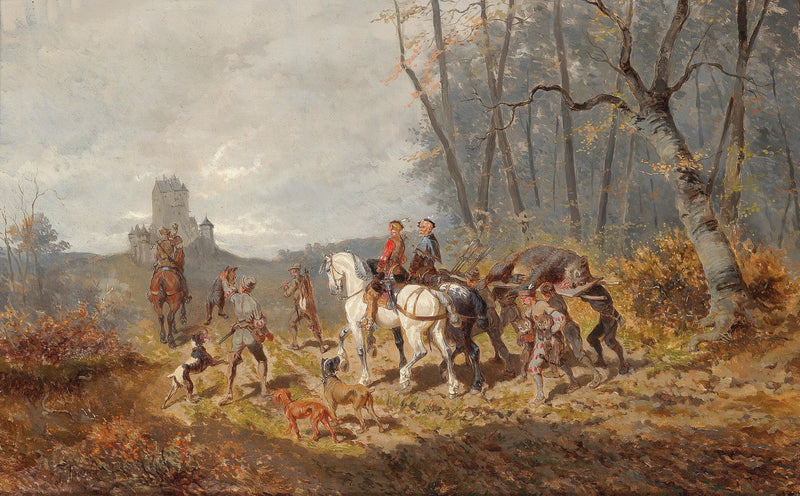 People Oil Painting - Hunters with Dogs in Autumn Forest - Oil Painting Haven