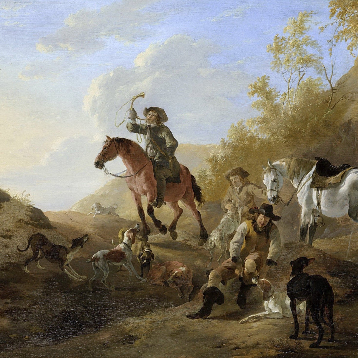 People Oil Painting - Hunters with Horses and Dogs Scene - Oil Painting Haven