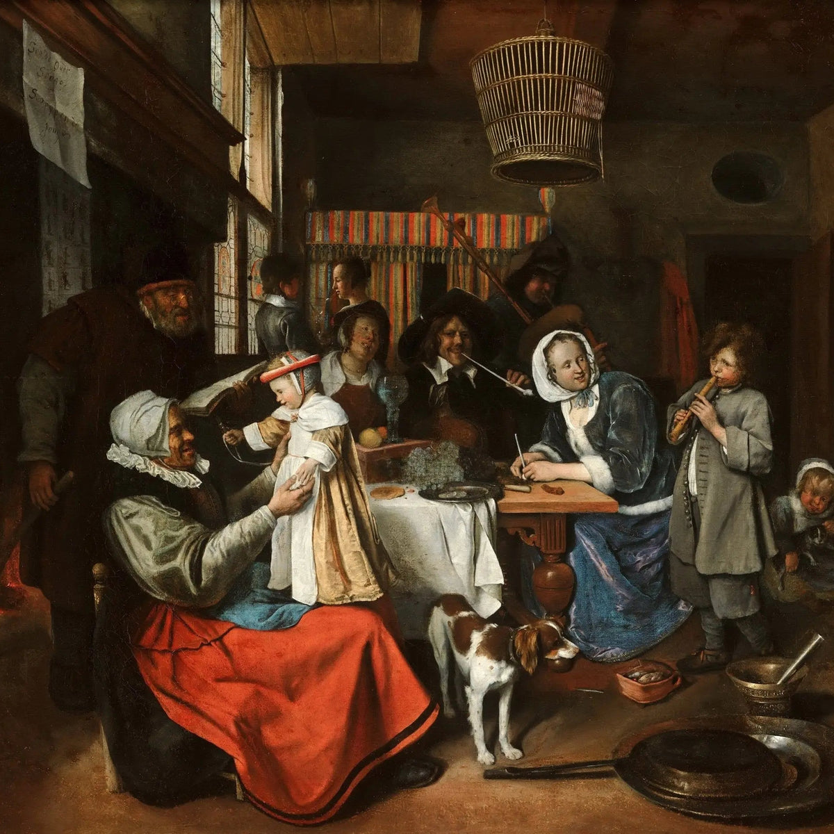 People Oil Painting - Indoor Family Scene with Dog - Oil Painting Haven