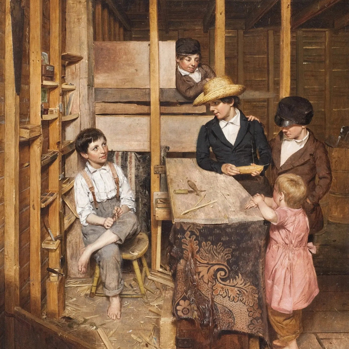 People Oil Painting - Indoor Scene with Children in Workshop - Oil Painting Haven