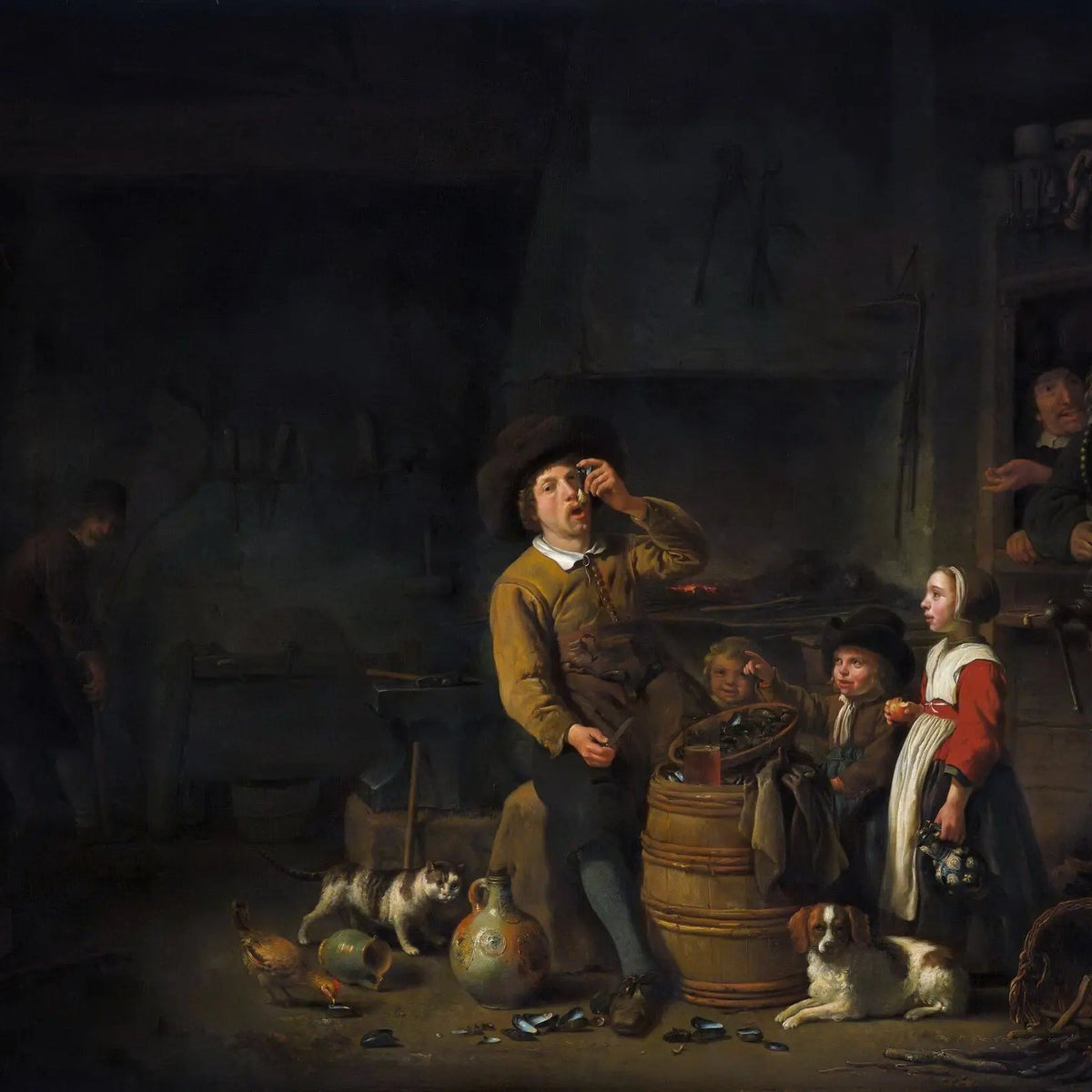 People Oil Painting - Interior Scene with Figures and Animals - Oil Painting Haven
