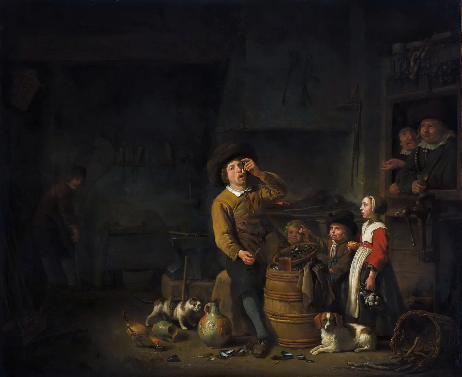 People Oil Painting - Interior Scene with Figures and Animals - Oil Painting Haven