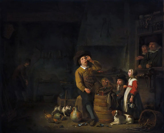 People Oil Painting - Interior Scene with Figures and Animals - Oil Painting Haven