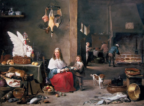 People Oil Painting - Kitchen Scene with Woman and Child - Oil Painting Haven