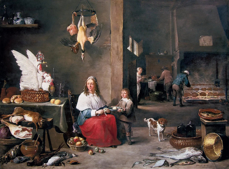 People Oil Painting - Kitchen Scene with Woman and Child - Oil Painting Haven