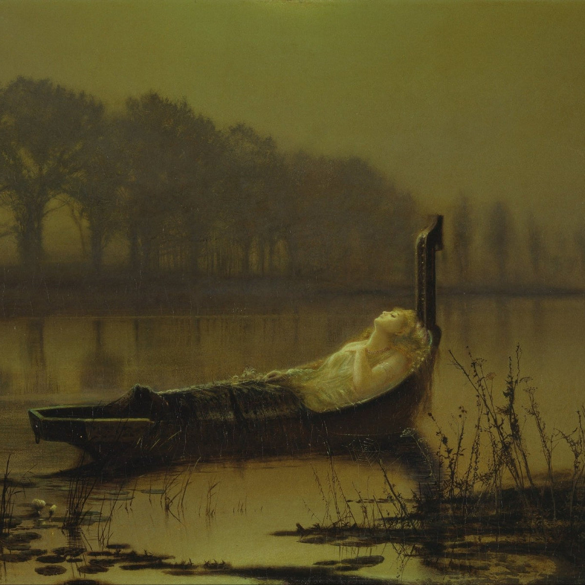 People Oil Painting - Lady in Boat on Misty Lake Scene - Oil Painting Haven