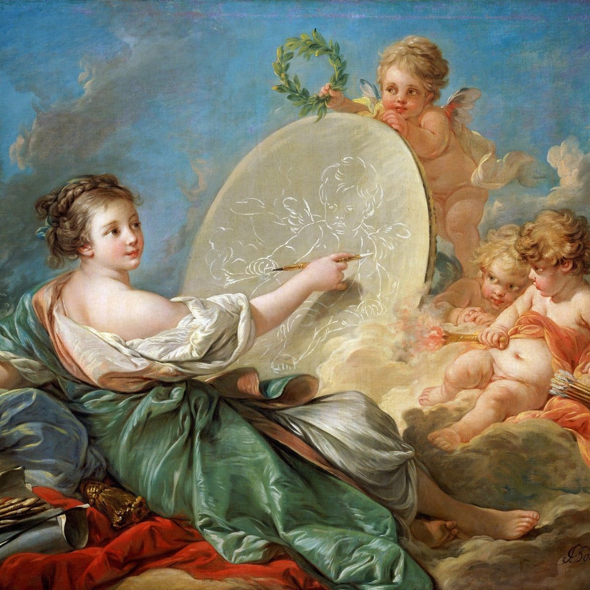 People Oil Painting - Lady Painting Cherubs in Rococo Style - Oil Painting Haven