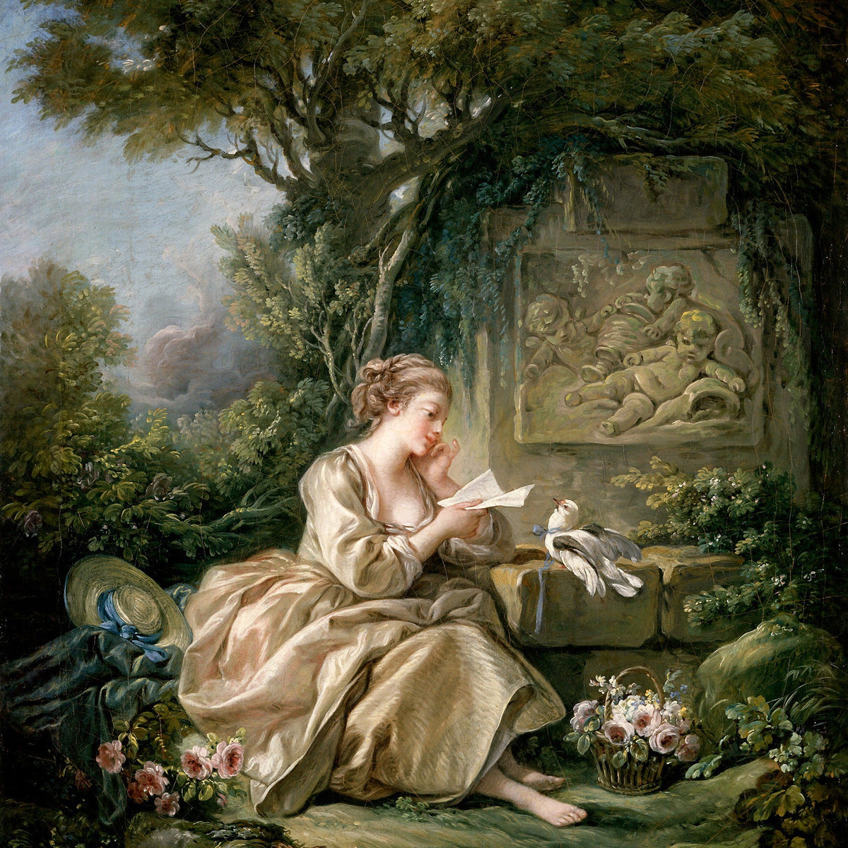 People Oil Painting - Lady Reading Letter in Garden Scene - Oil Painting Haven