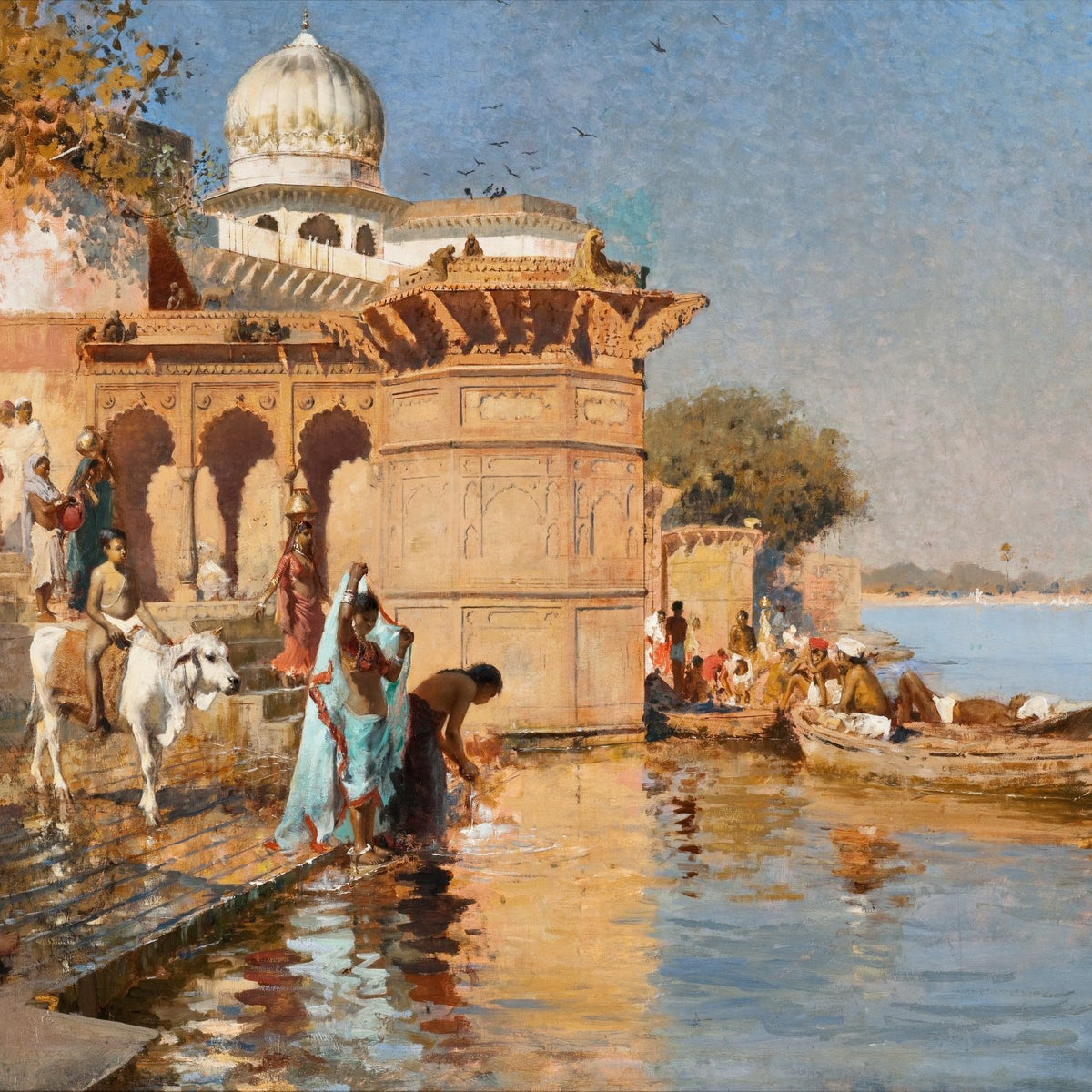People Oil Painting - Life Along River Ghats India Scene - Oil Painting Haven