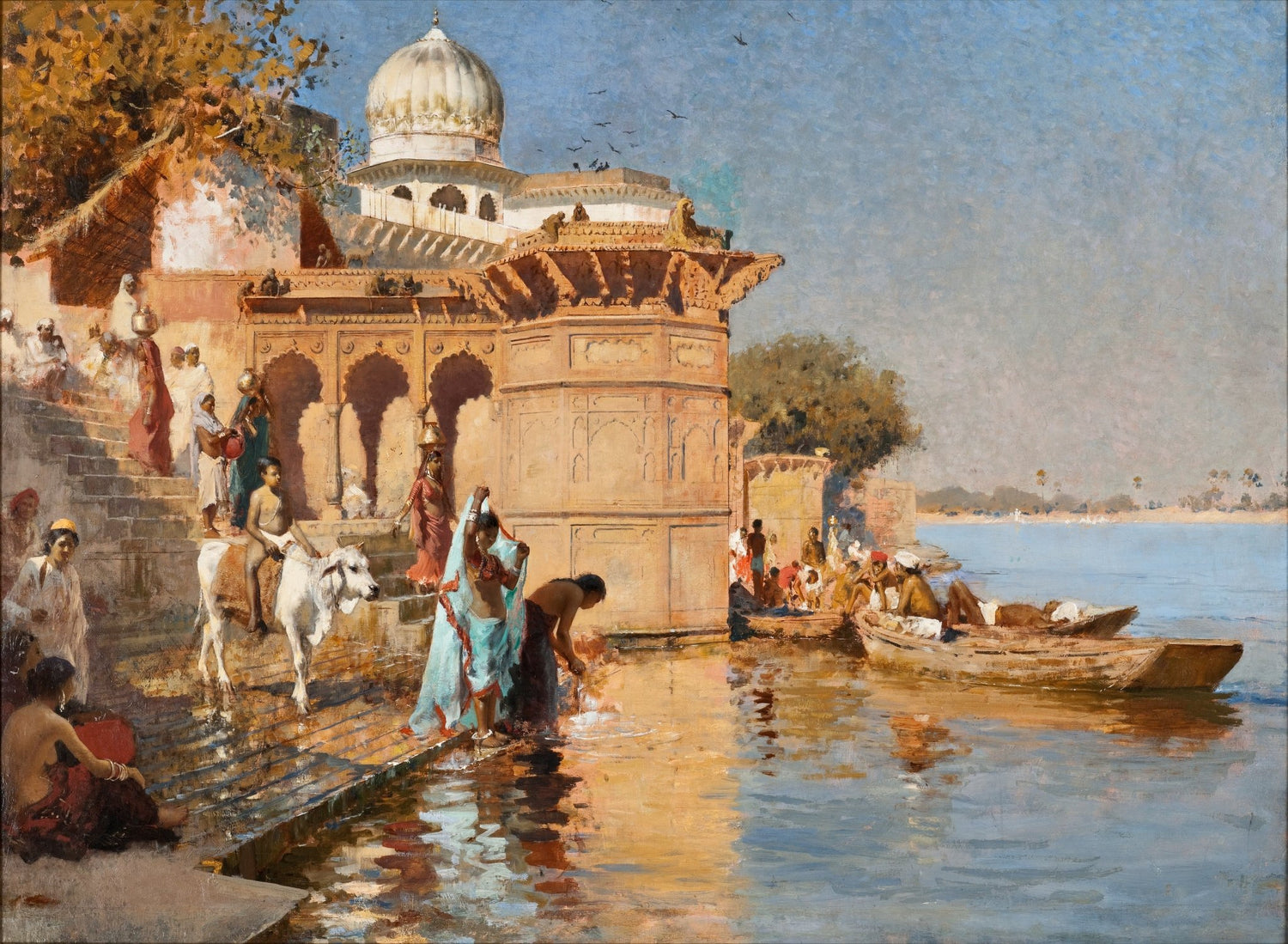 People Oil Painting - Life Along River Ghats India Scene - Oil Painting Haven