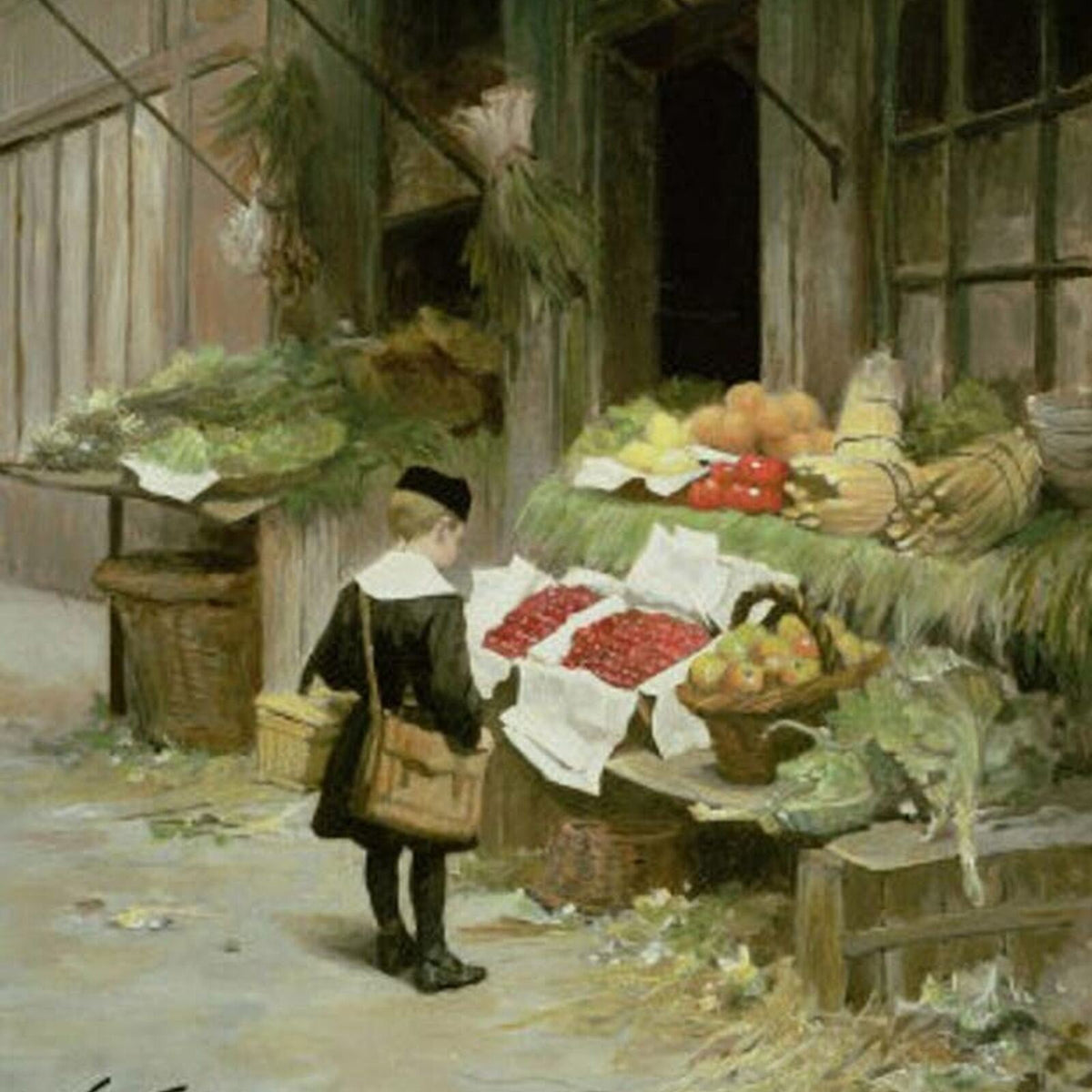 People Oil Painting - Little Boy at Market Fruit Stall Scene - Oil Painting Haven