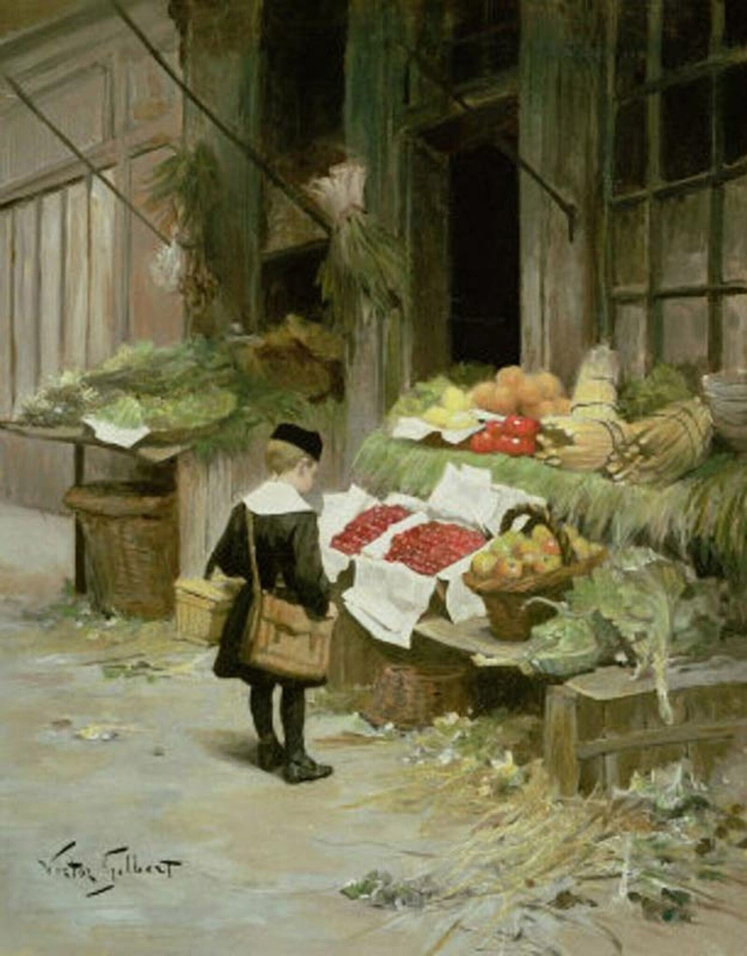 People Oil Painting - Little Boy at Market Fruit Stall Scene - Oil Painting Haven