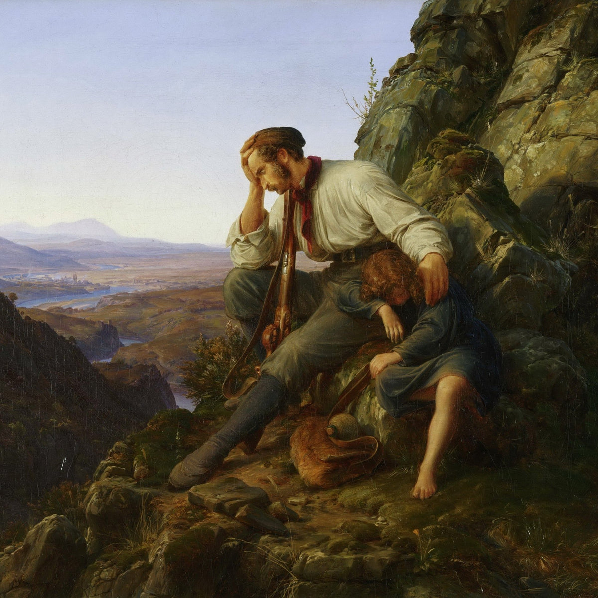 People Oil Painting - Man and Child Resting on Rocky Cliff - Oil Painting Haven