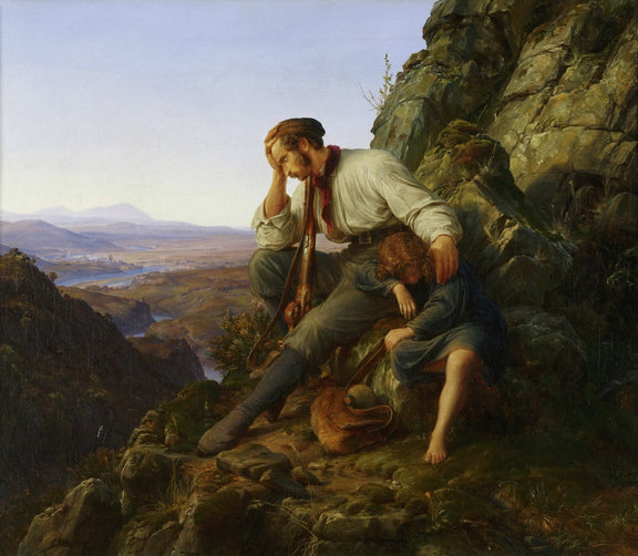 People Oil Painting - Man and Child Resting on Rocky Cliff - Oil Painting Haven