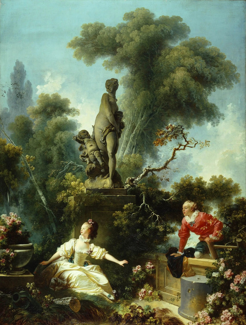 People Oil Painting - Man and Woman in Garden by Statue - Oil Painting Haven
