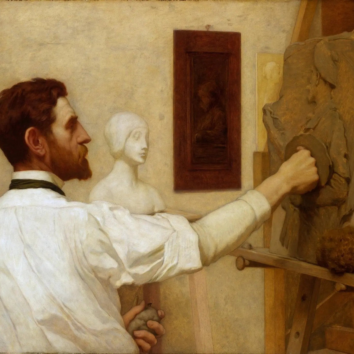 People Oil Painting - Man Working on Sculpture in Studio - Oil Painting Haven