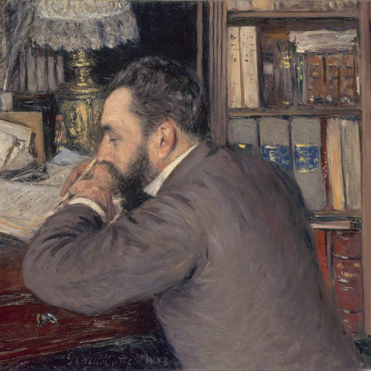People Oil Painting - Man Writing at Desk in Classic Study - Oil Painting Haven