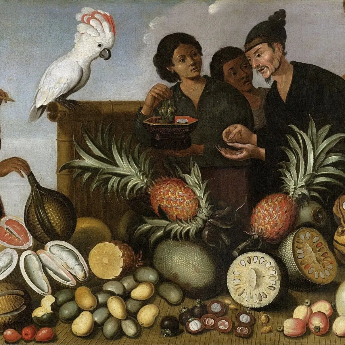 People Oil Painting - Market Scene with Exotic Fruits and Parrot - Oil Painting Haven