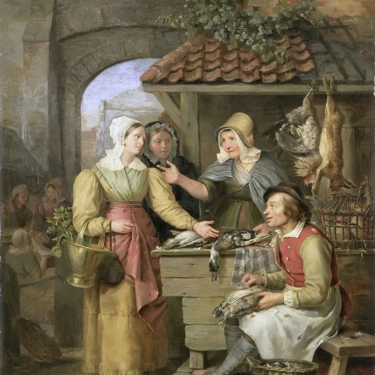 People Oil Painting - Market Scene with Poultry and Figures - Oil Painting Haven