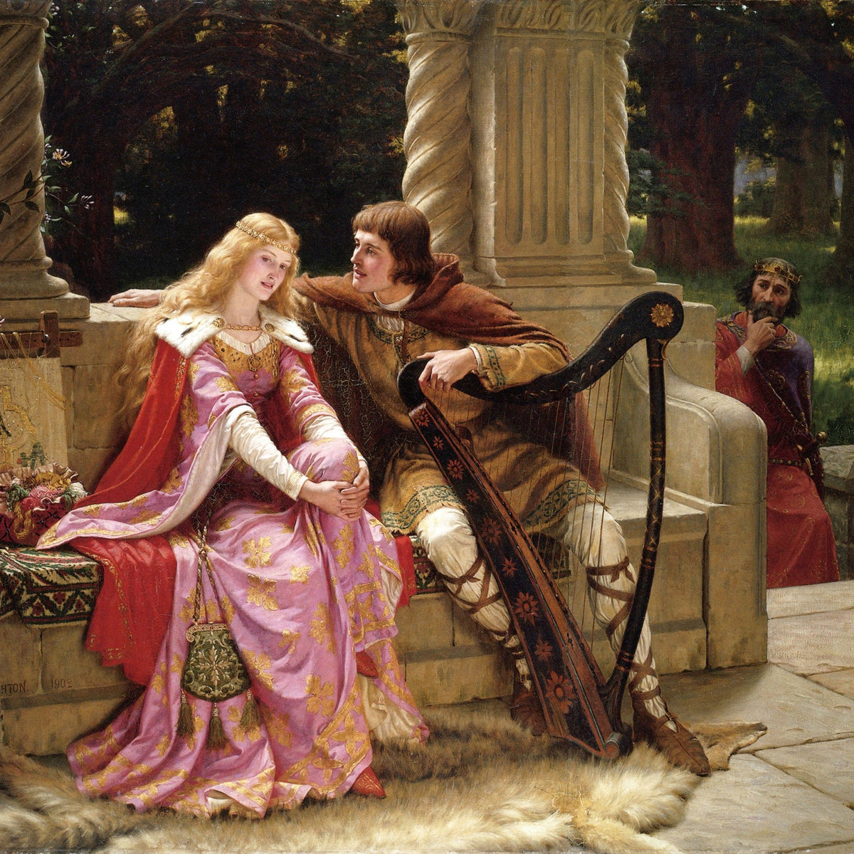 People Oil Painting - Medieval Couple with Harp Garden Scene - Oil Painting Haven