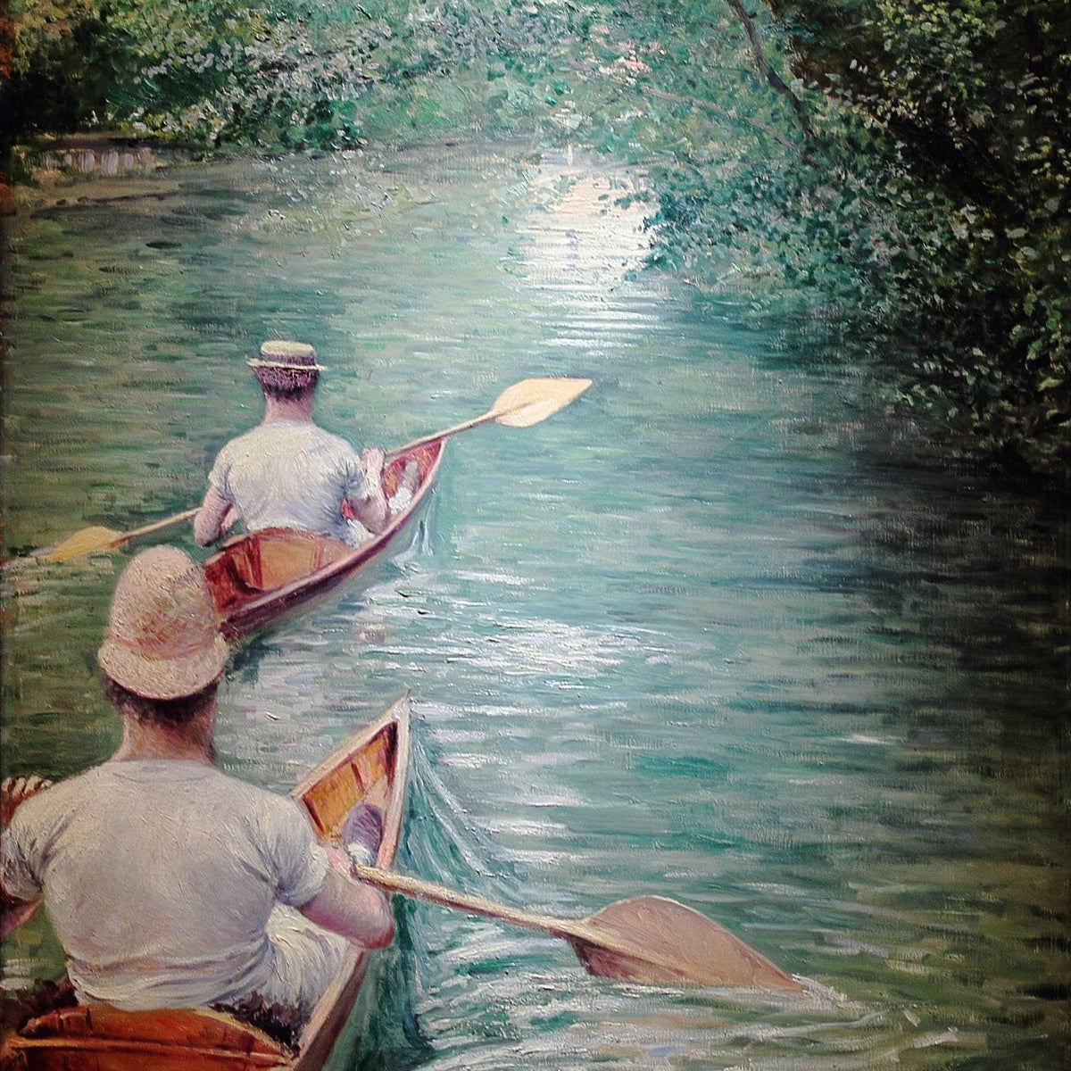 People Oil Painting - Men Rowing Canoes on Calm River Scene - Oil Painting Haven